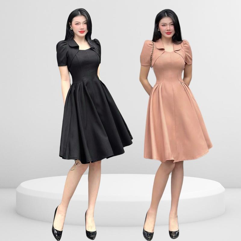  Đầm nữ thiết kế Nhật Vy tay ngắn cổ cách điệu form chiết eo dáng xoè xếp ly chất liệu lụa sọc gân phù hợp đi tiệc  đẹp văn phòng công sở sang chảnh màu đỏ nâu và đen Women Dress - D2835 Kem 