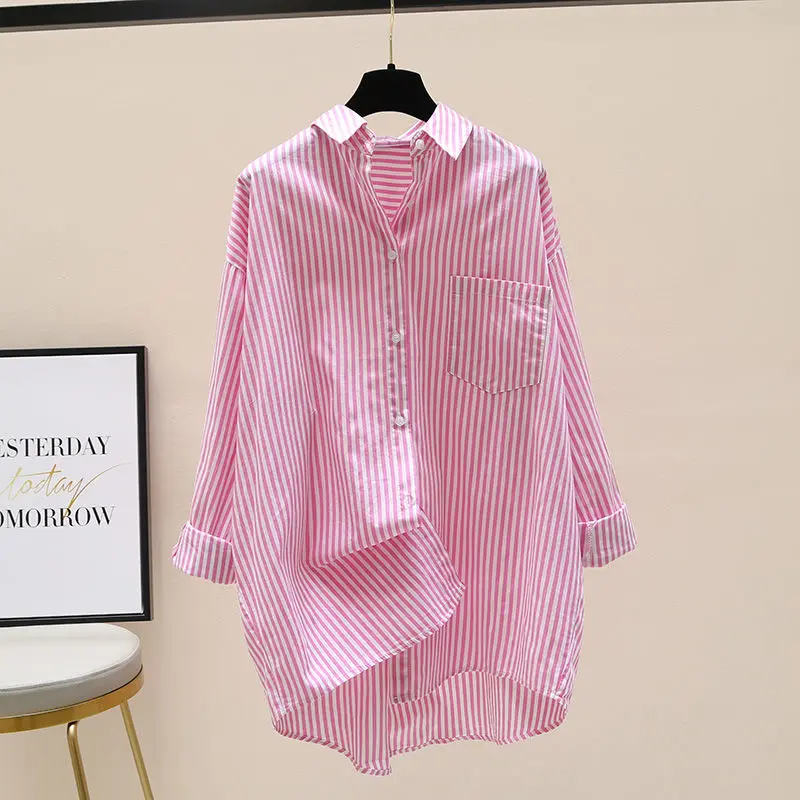Áo sơ mi in sọc cotton nguyên chất, áo sơ mi nữ rộng rãi, dài tay, phong cách giản dị đơn giản, áo nịt dài một nửa, thích hợp cho phụ nữ, mới vào năm 2024 XL [211rx Royal xanh biển] áo cánh và áo sơ mi 3