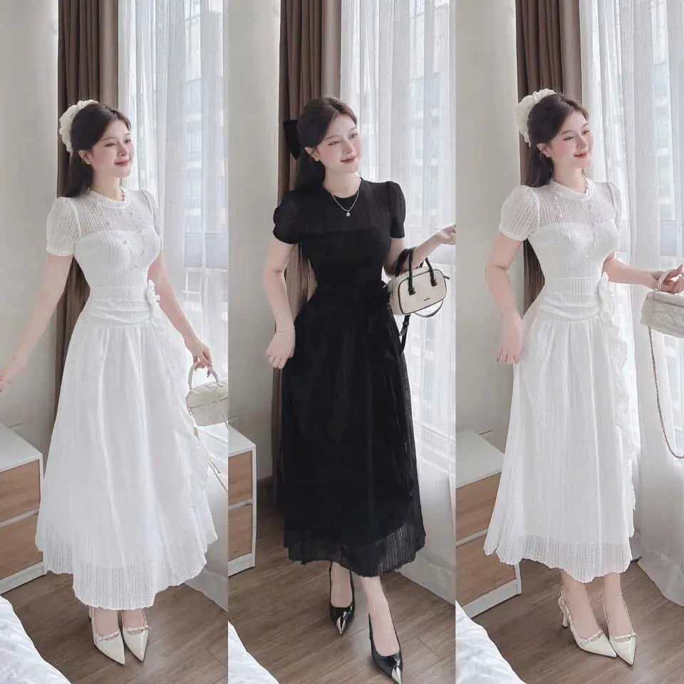 Đầm váy nữ len ren cổ tròn tay ngắn from dài đính hoa sang trọng tôn dáng xinh lung linh cho các nàng đi tiệc đi chơi