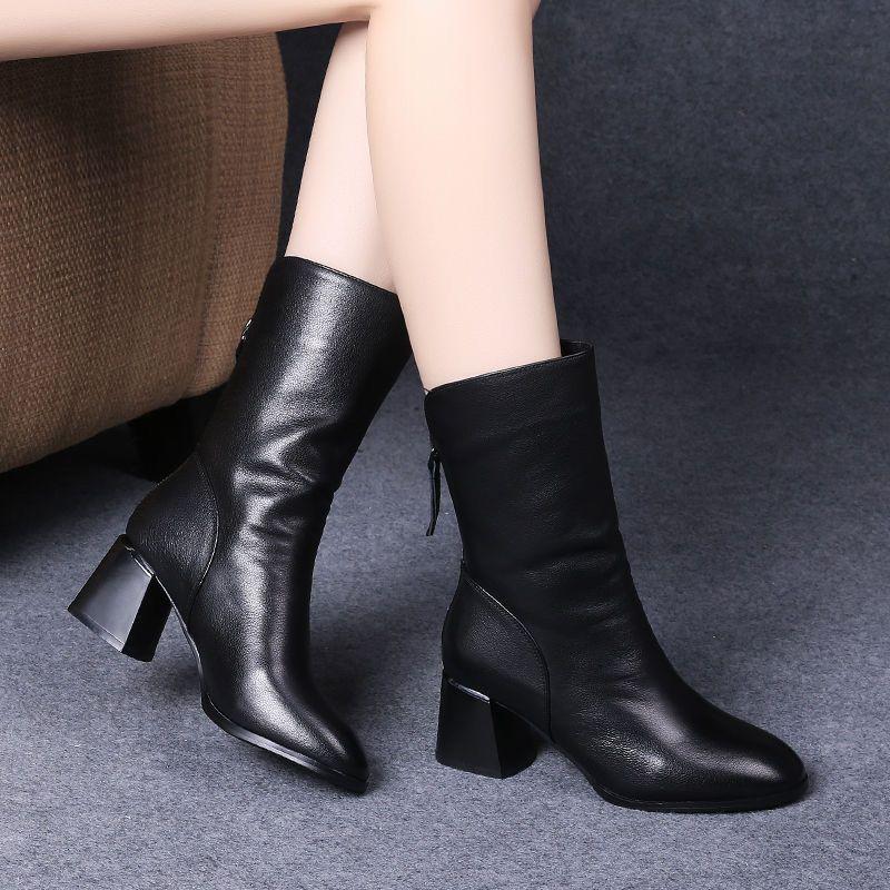 Bốt Cao Su Tổng Hợp, Bốt Cao Đến Mắt Cá Chân Mũi Nhọn Gót Chunky, Giày Da Gót Trung Bình Bốt Martin, Dành Cho Nữ, Bộ Sưu Tập Thu Đông, Hàng Mới Về 2023 2