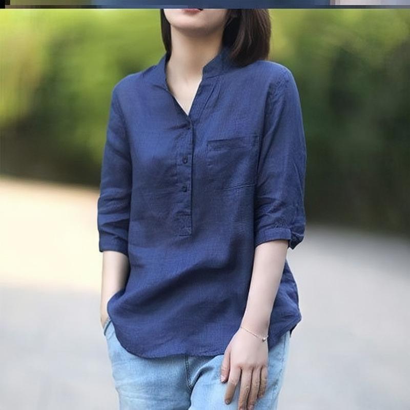 Áo Sơ Mi Cổ Trụ Chất Liệu Đũi Xước Tơ Form Suông Trẻ Trung A25   Top Women sơ  minu Shirt