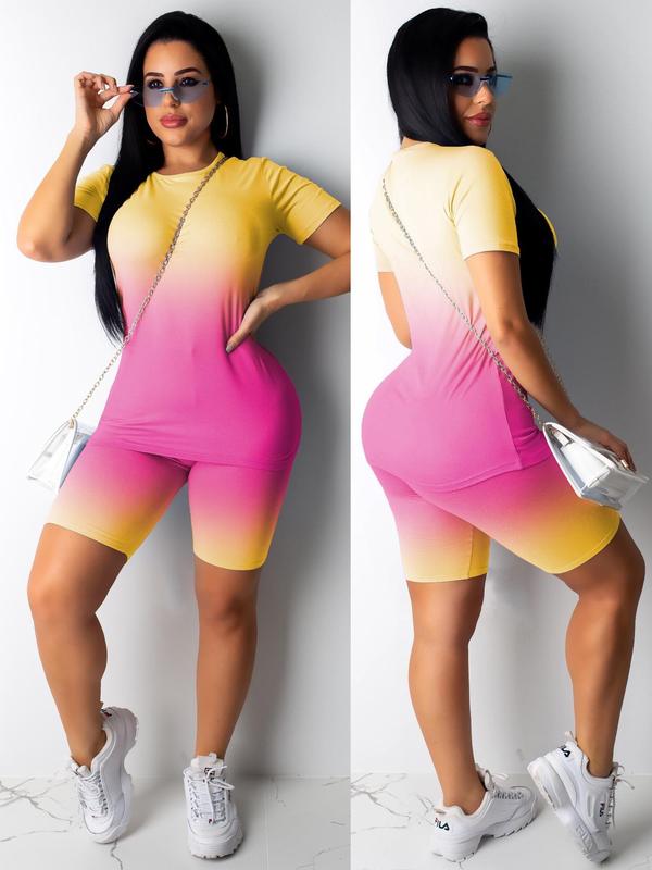Two-piece Set Women's Baggy  Ombre Print Short Sleeve T-shirt & High Waist Short Leggings Set, Casual Round Neck Tee & Skinny Shorts, Women's Summer Clothes for Daily Wear 6