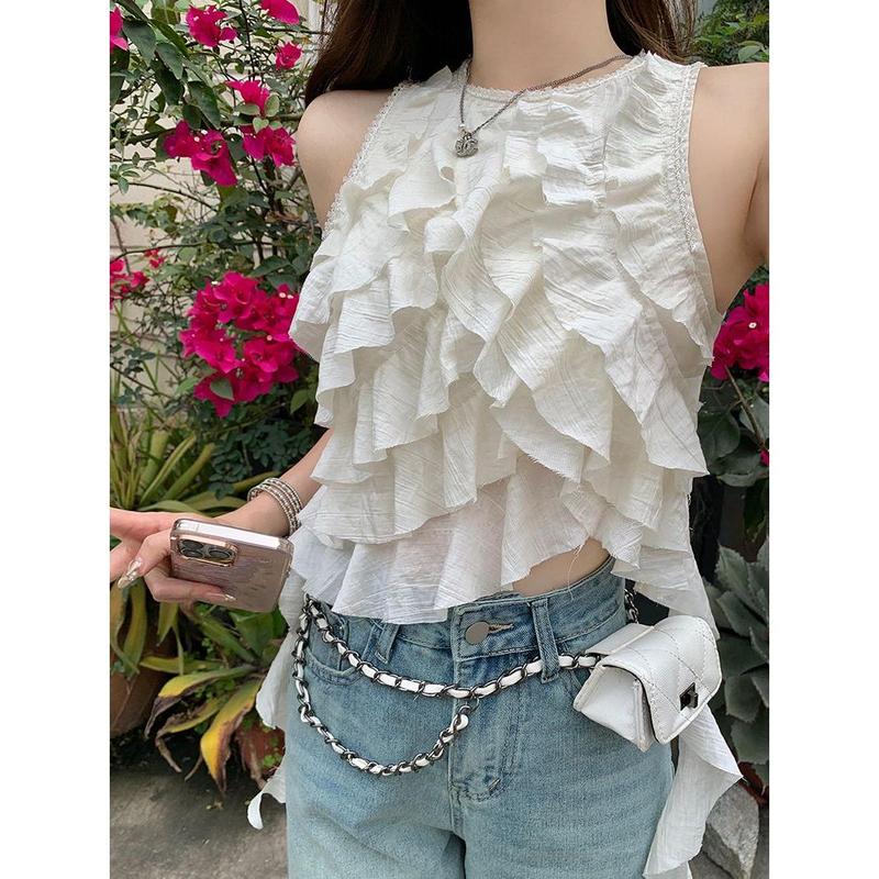 Quần Áo Nữ, Phong Cách Hàn Quốc, Thanh Lịch, Chịu Lực, Xếp Nhún, Hàng Mới Về Mùa Hè, Thiết Kế Chắp Vá, Phong Cách Độc Đáo Bất Đối Xứng Áo Mỏng Không Tay Bánh Ngọt, 2024 6