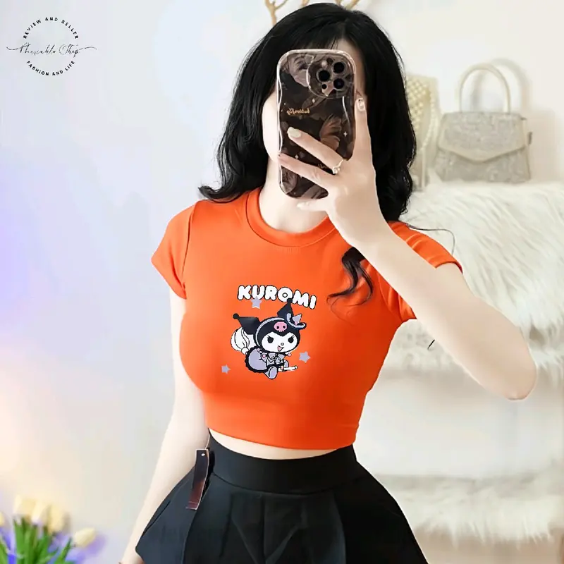 Áo Croptop Borip Ôm Body Nữ Form Basic Cổ Tròn Tay Ngắn In Hình Kuromi02, MLS243, Women Sò Sen Hoa Sen Dáng Ngắn Thun Trắng 2