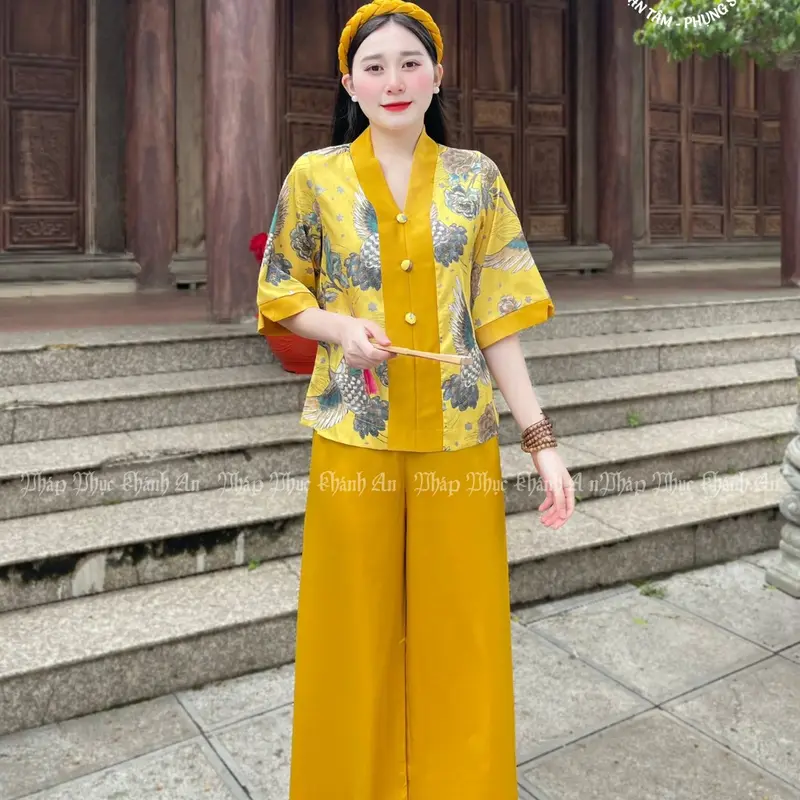 KA2- Bộ Lam Ba Cúc Tay Lỡ Lụa Vân Gỗ Cao Cấp Mẫu Mới Pháp Phục Khánh An Nữ Áo 4