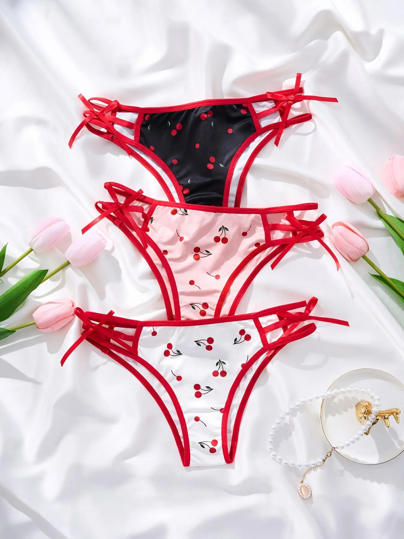 Women's Cherry Print Bow Decor Knicker, Breathable Cut Out Drop Waist Panty for Daily Wear, Ladies Underwear for All Seasons