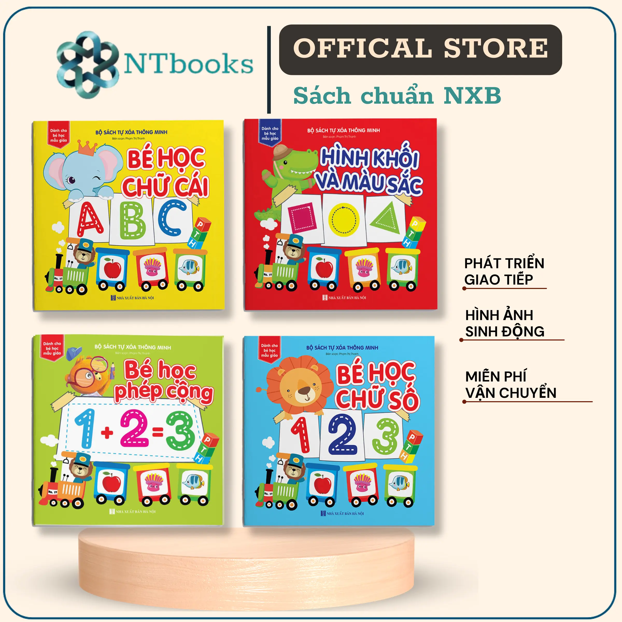 Sách - Combo 4 cuốn Sách tự xóa: Chữ cái - Toán - Chữ số - Hình khối & Màu sắc (tặng kèm bút)