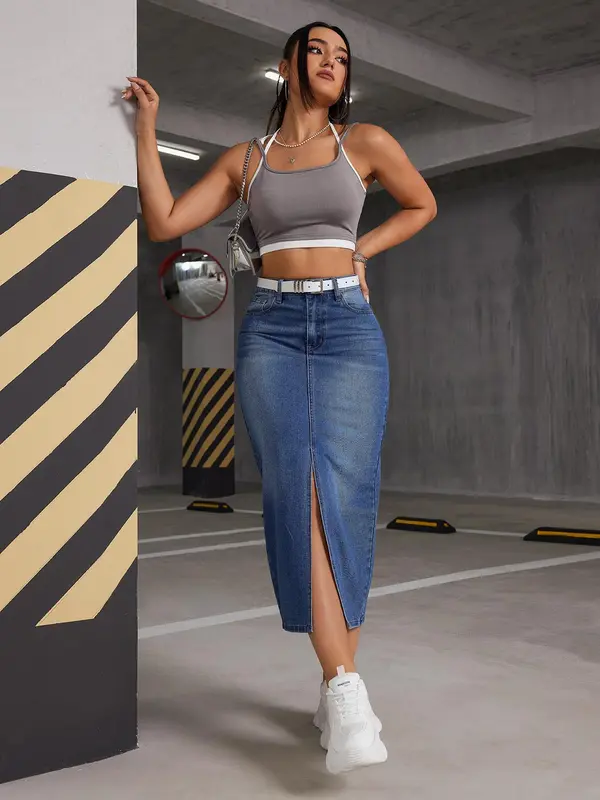 Women's Split Hem Bodycon Denim Skirt, Fashion Casual High Waist Midi Skirt for Daily Outdoor Wear, Ladies Bottoms for Summer 3