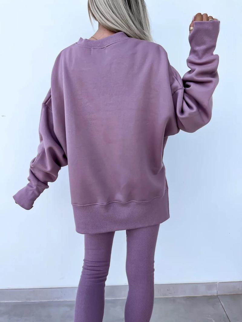 Product Introduction of 【Fashionwave Collection】 Two-Piece Set Women's Solid Drop Shoulder Split Hem Sweatshirt & Elastic Waist Pants, Casual Fashion Cozy Round Neck Long Sleeve Pullover & Skinny Trousers for Daily Outdoor Wear, Women's Lounge Clothing for Spring & Fall 14