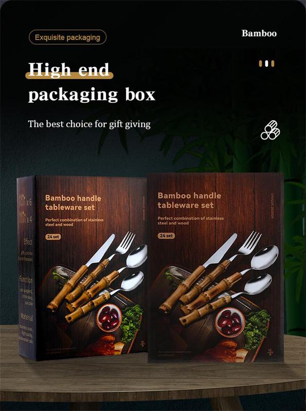 Product Introduction of 16/24PCS Creative Bamboo Handle Stainless Steel Tableware With Steak Knives Flatware Knives Set Includes Dessert Spoon Forks 22