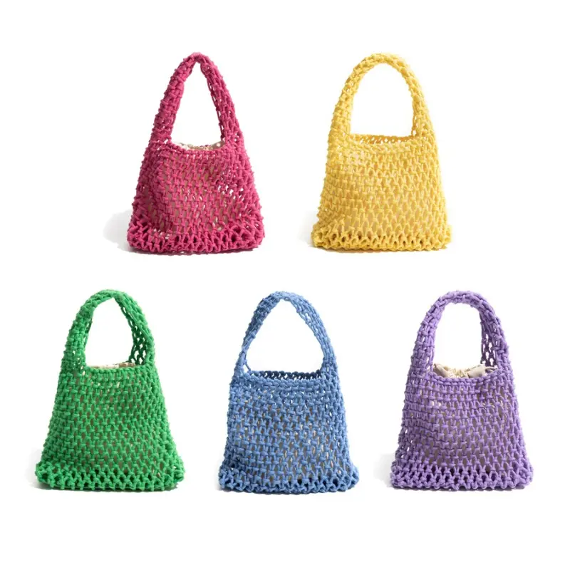 Candy Colored Cotton Rope Hand Woven Y2K Handbag Tote Bags Knitting Crochet Women's Hollow Mesh Bag Vacation Bucket Wrist Bag