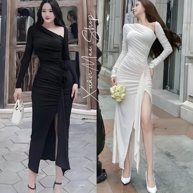 Đầm body LỆCH VAI XẺ HÔNG TRÁI thun lụa mịn Ladong Xuân Mai Shop