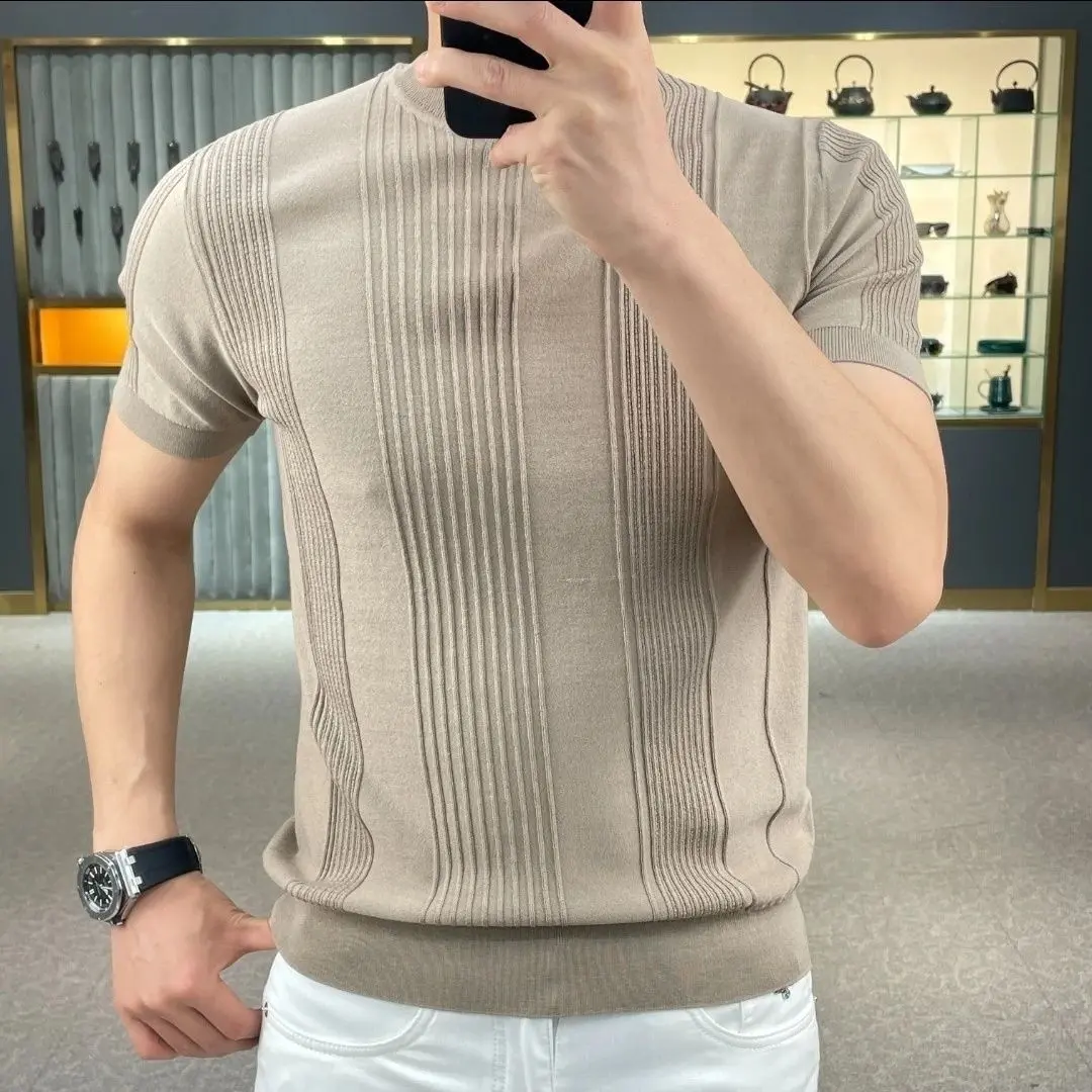 [48% Repurchase Rate] Men's Knitted Short Sleeve High-End Lazy Style Heavyweight Crew Neck Top 2024 New Textured Striped Half Sleeve Base Shirt Boy