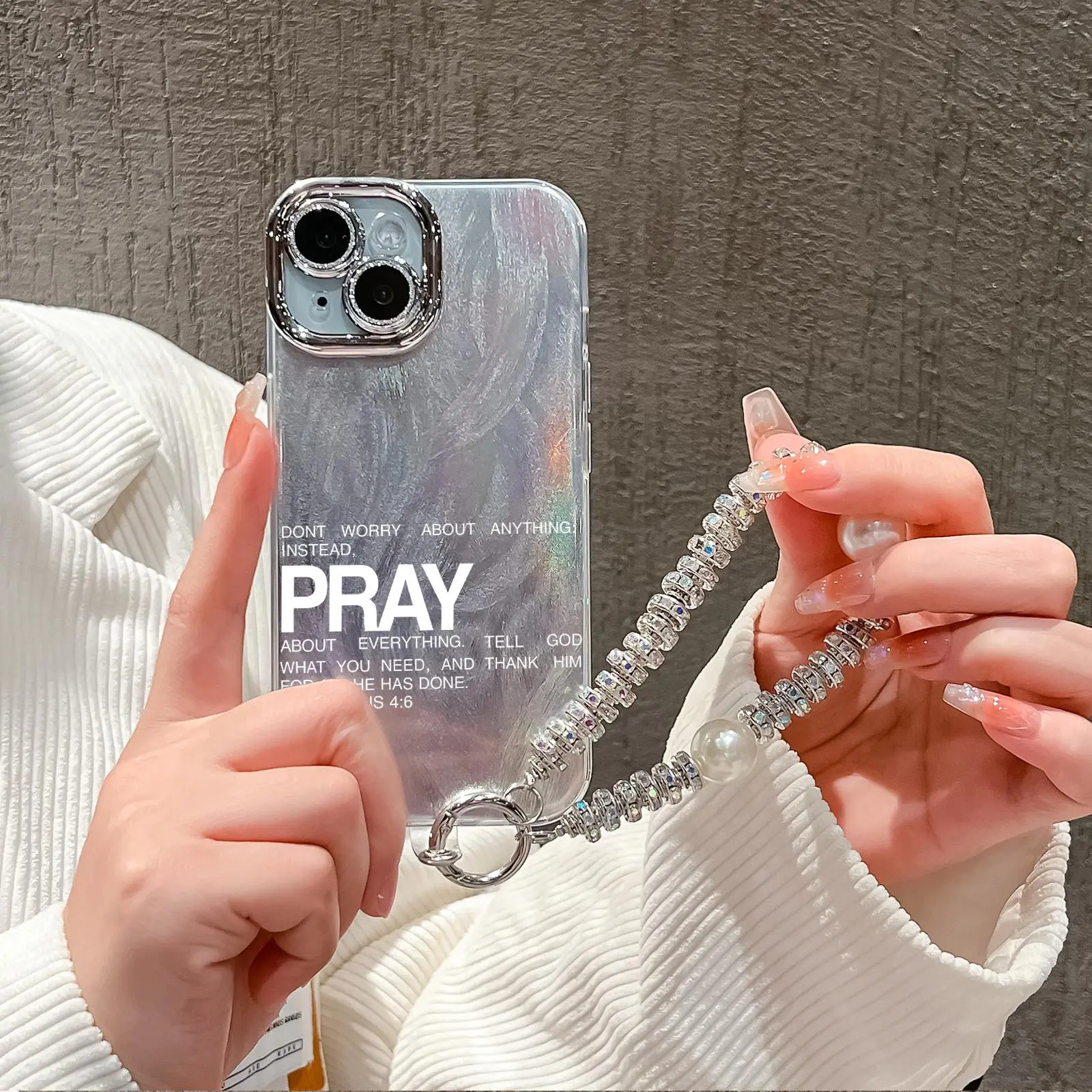 Fashion Creative Phone Case with Pearl Chain, Full Body Shockproof Phone Protective Cover, Phone Accessories Compatible with iPhone 11 12 13 14 15 16 Pro Max/Pro/Plus