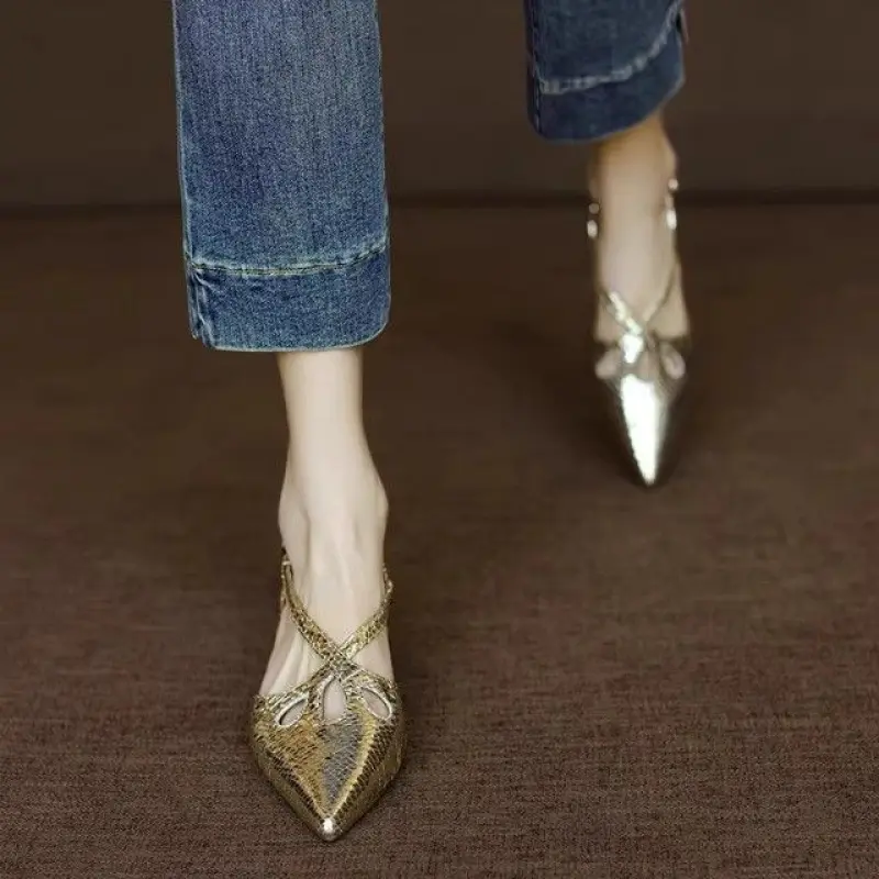 2024 Elegant Silver Hollow out with Skirt Pointed Toe Flat Toe Box Sandals Low Heel Women's Shoes