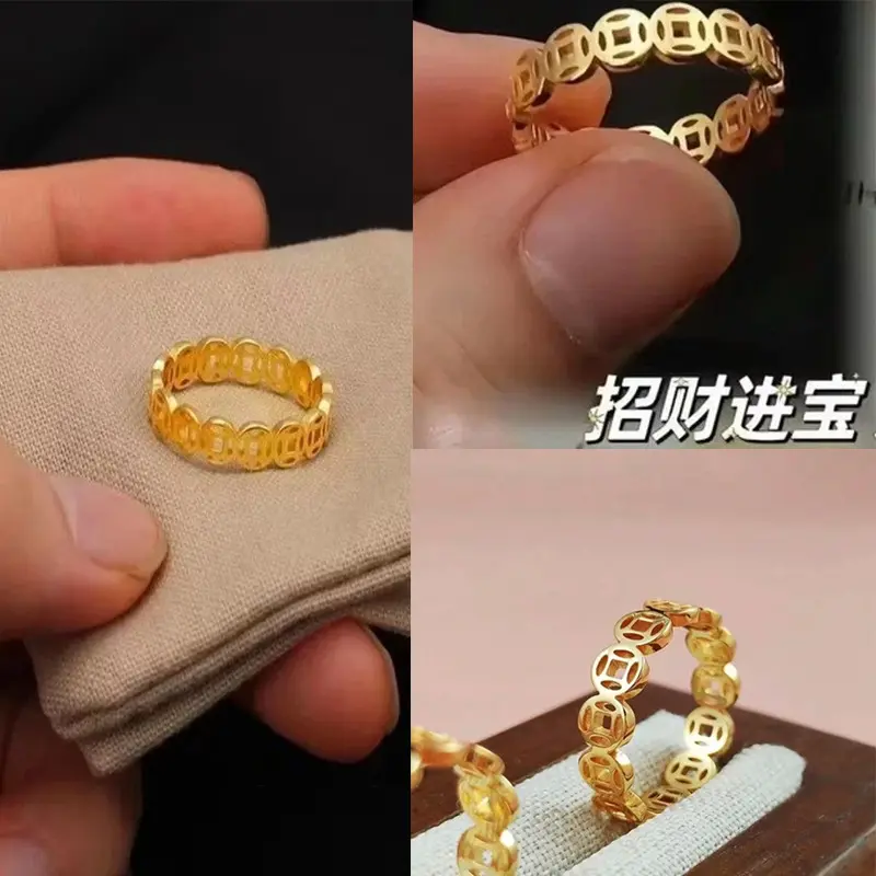 18K gold retro titanium steel copper coin ring, stainless steel lucky money transfer ring, popular index finger men's and women's tail rings
