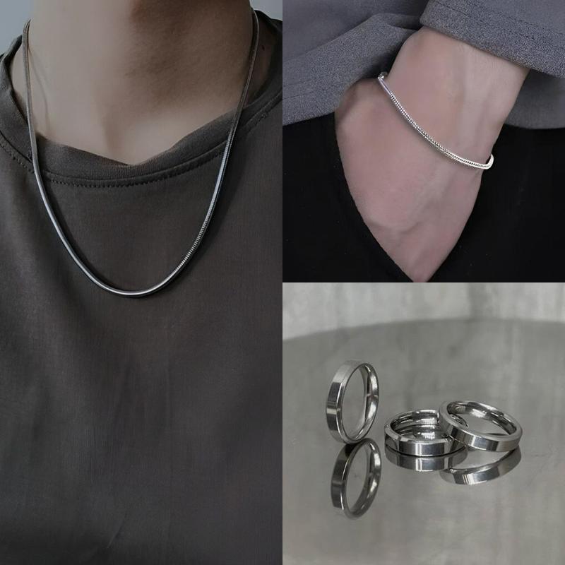 Combo Dây chuyền/ Vòng tay lụa mảnh, Nhẫn trơn vát cạnh, thép titan không gỉ - Cactus Accessoriess