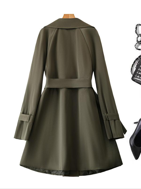 【Plus Size】 Solid Belted Raglan Sleeve Trench Coat, Casual Lapel Collar Long Sleeve Coat for Fall & Winter, Women's Clothes for Daily Wear 1