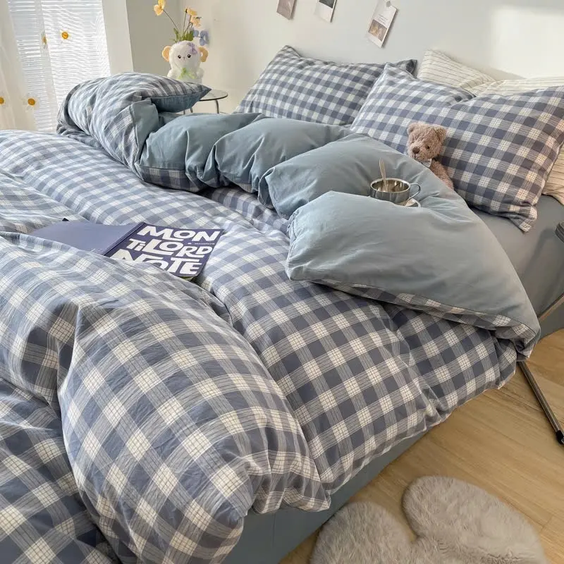 ￼Bộ chăn ga drap giường 100% cotton tici caro kẻ 1m2 1m6 1m8 , Bộ ga giường cotton 2m2 miễn phí bo chun