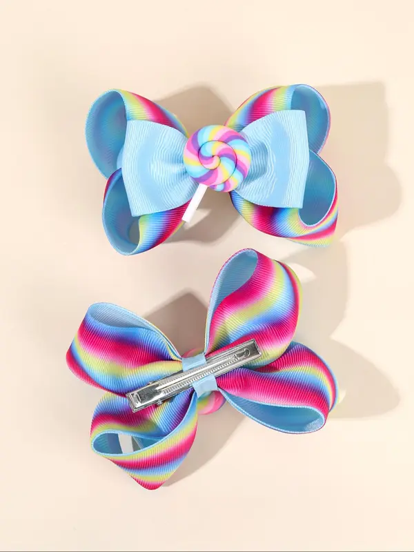Rainbow Ombre Color Lollipop Design Hair Clips Set, Cute Bowknot Hair Clips for Girls, Fashion Hair Accessories for Party, Daily Clothing Decor 3