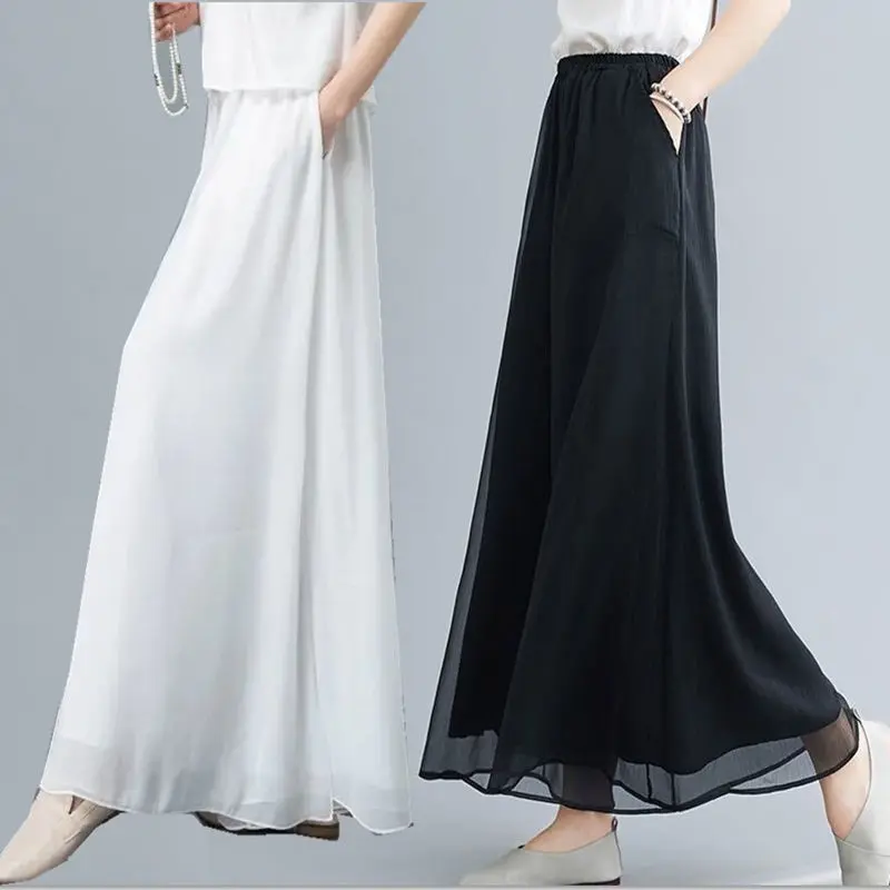 Quần Ống Rộng Voan Hai Lớp, Eo Co Giãn, Mỏng, Trắng Và Đen, Cạp Cao, thụng, Culotte Dáng Rộng Thanh Lịch, Có Túi Nữ Women Ong Pants