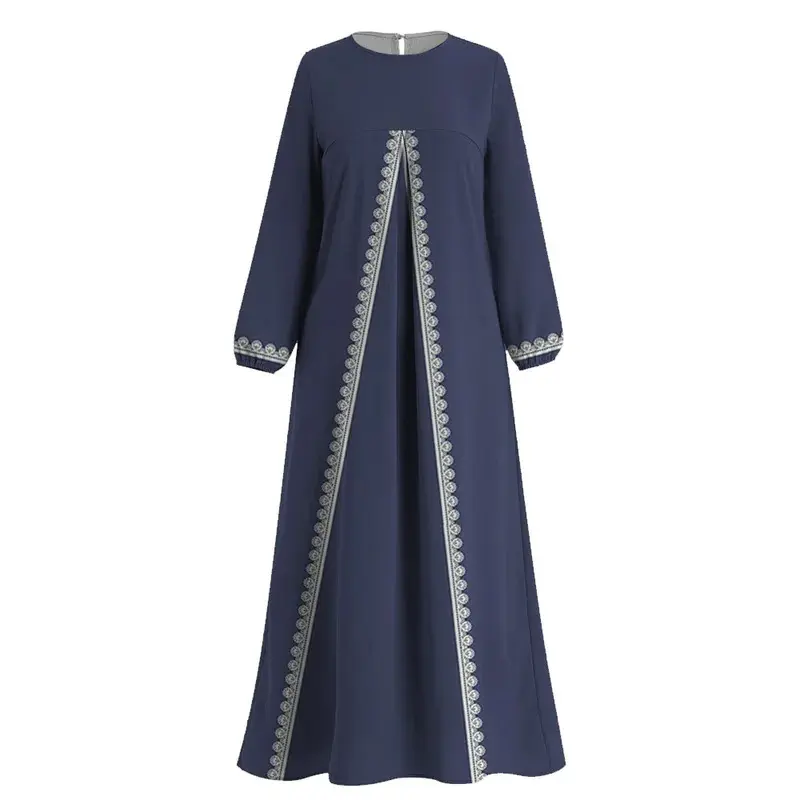 Muslim dress, simple print, long sleeve, for women, comfortable round neck,  Islamic abaya, suitable for Islamic Ramadan ceremony, evening gown for women,  made of comfortable polyester fabric.Dress ironless mom dress graduation -