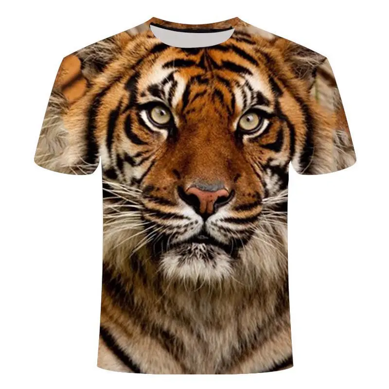 Fierce and handsome tiger lion leopard print T-shirt with loose round neck 3D printed men's summer casual short sleeved shirt