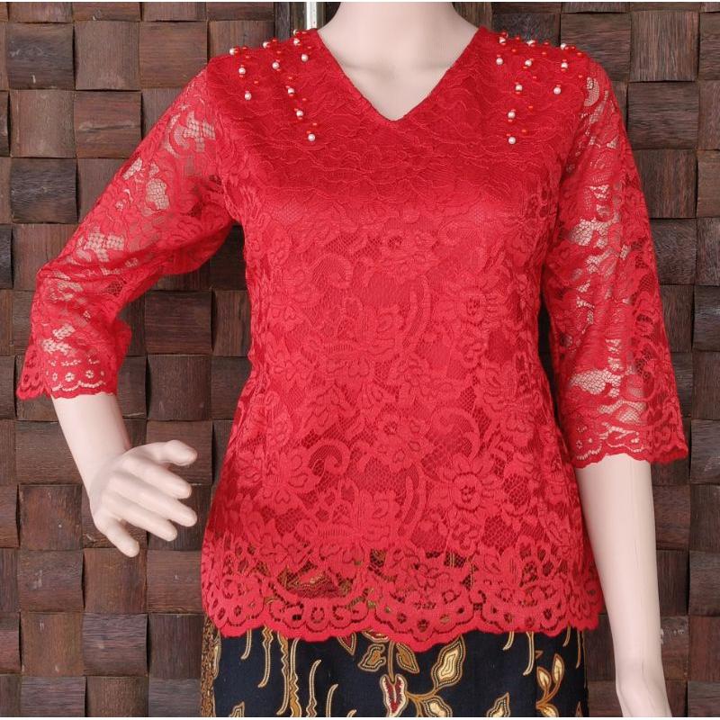 Product Introduction of Atasan Blus Brokat Renda Premium Terbaru Ellove, Leher V Tangan Lurus, Pakai Furring Resleting Belakang. 0