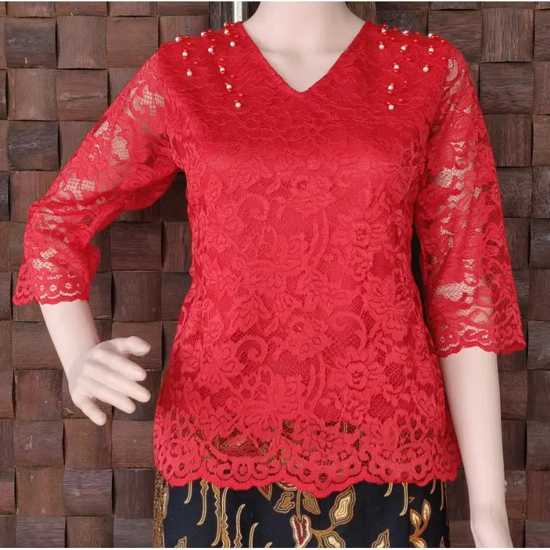 Atasan Blus Brokat Renda Premium Terbaru Ellove, Leher V Tangan Lurus, Pakai Furring Resleting Belakang. 0