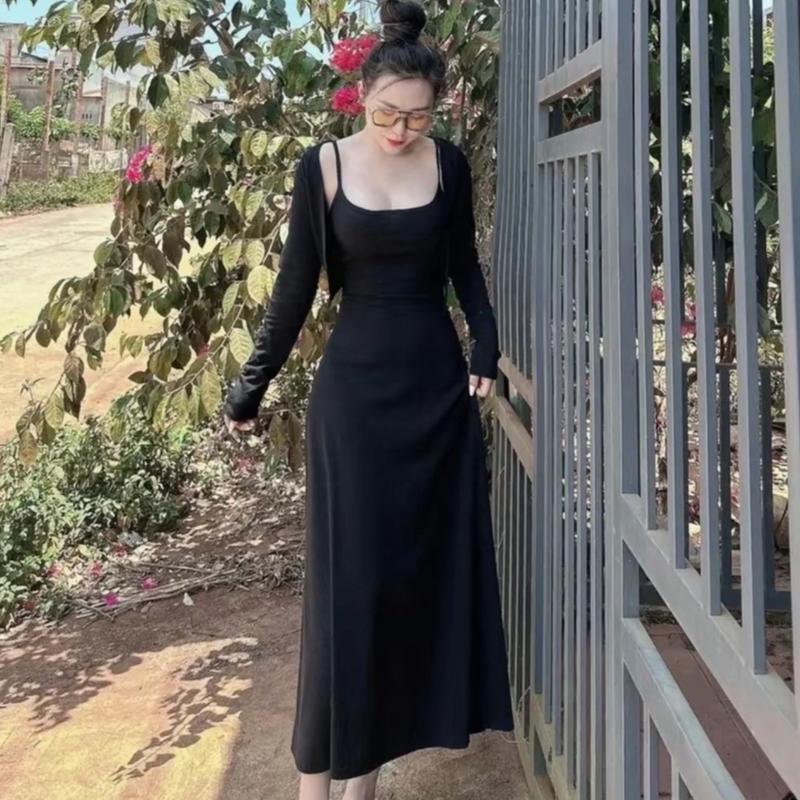 Set bộ Đầm 2 món gồm áo khoác và đầm 2 dây dáng dài xoè tôn dáng bigsize 40kg đến 57kg mã hp99