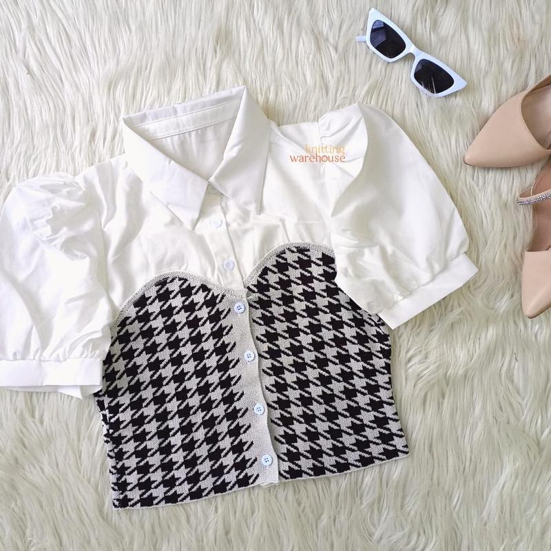 Suzan Blouse Kemeja Mix Cotton Knit - Rajut Korea Style Atasan Wanita TM 70135 1