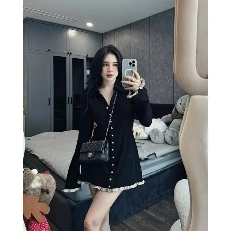 Váy len bèo cúc nữ ôm form dáng đẹp size S M chất len lông thỏ xinh xắn