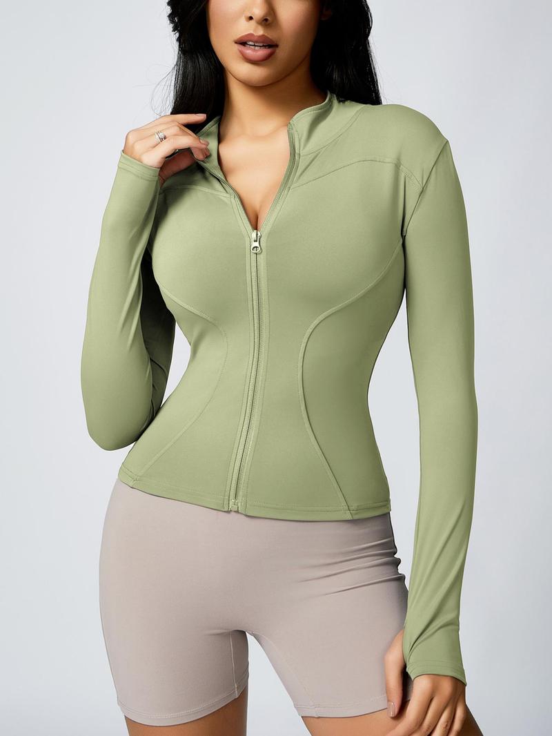 Product Introduction of Women's Thumb Holes Zip-up Long Sleeve Sports Jacket, Solid Color Stand Collar Sports Tops, Modest Fashion Slim Fit Yoga Outerwear Fits Tennis Pickleball, Workwear Gym Gear, Women's Sportswear Workout Autumn Winter Outfit, Back To School Fits 13