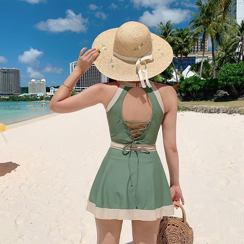 New One Piece Skirt Ladies Style One Piece Swimsuit Women's Small Fresh Backless Strap Conservative Slim Bikini 1