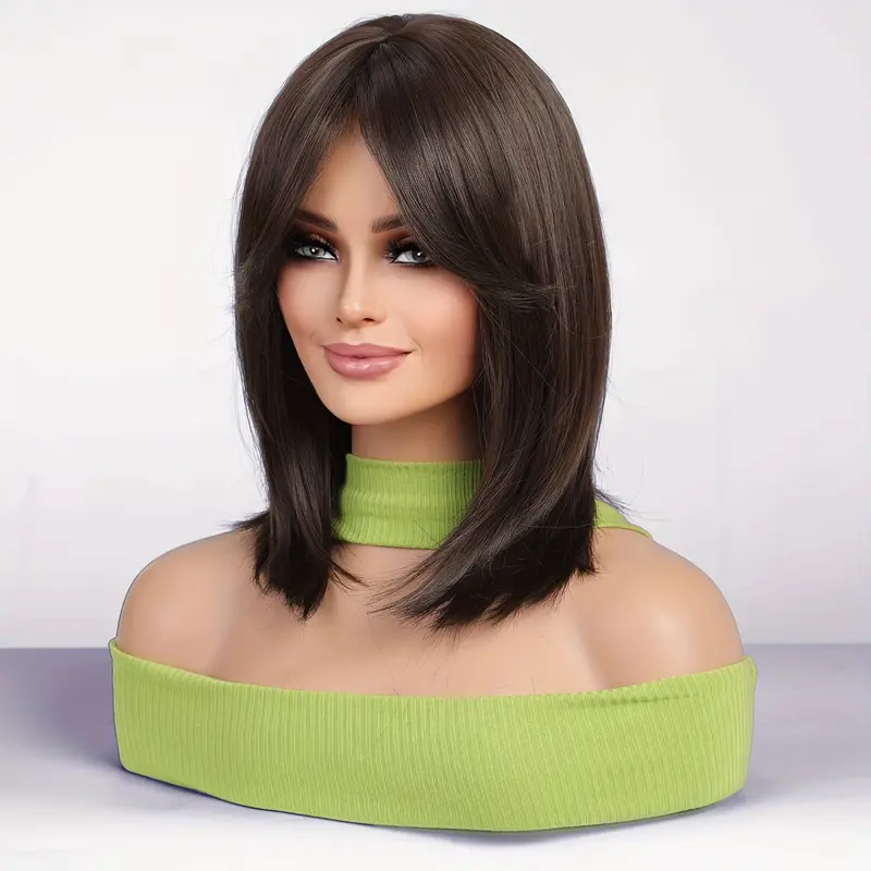 Medium-Length Wig for Women with Bangs, Off-Shoulder Hair, Age-Reducing Middle Part Wig, Full Wig 2
