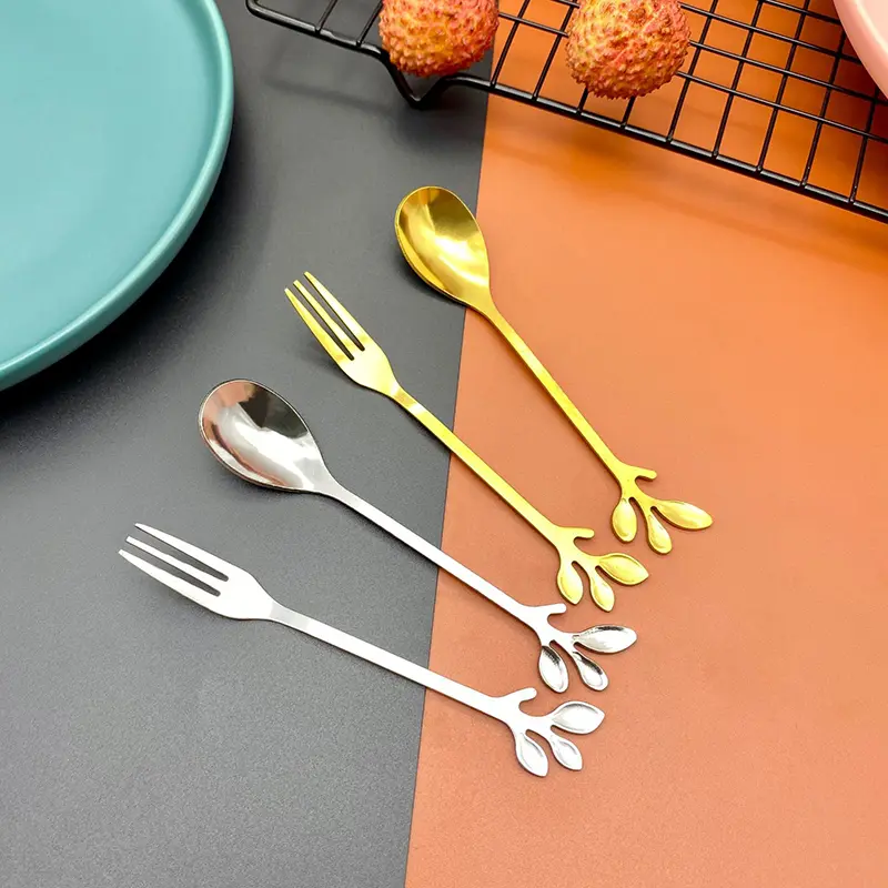 Home Kitchen Stainless Steel Leaf Spoon Fork Coffee Spoon Home Restaurant Dessert Fork Spoon Cutlery Tableware