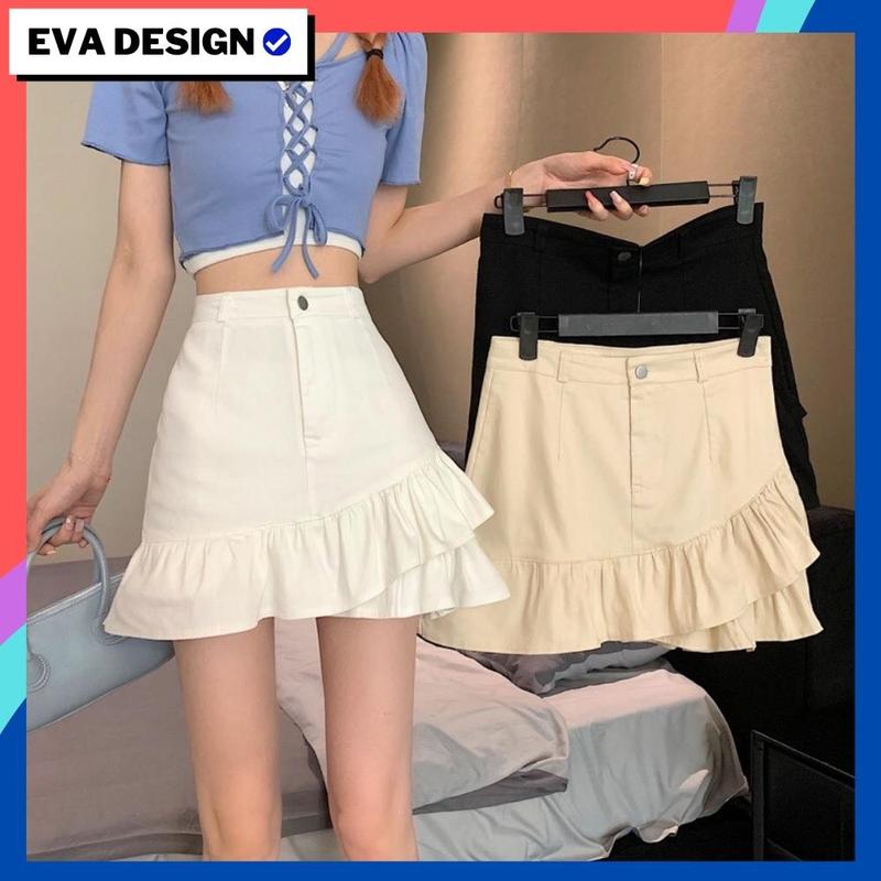 Chân váy chữ a Eva design chất kaki đẹp co giãn nhẹ CV10 form nữ chuẩn dáng ngắn phối hai bèo dễ thương Thông thường casual chân váy ngang gối