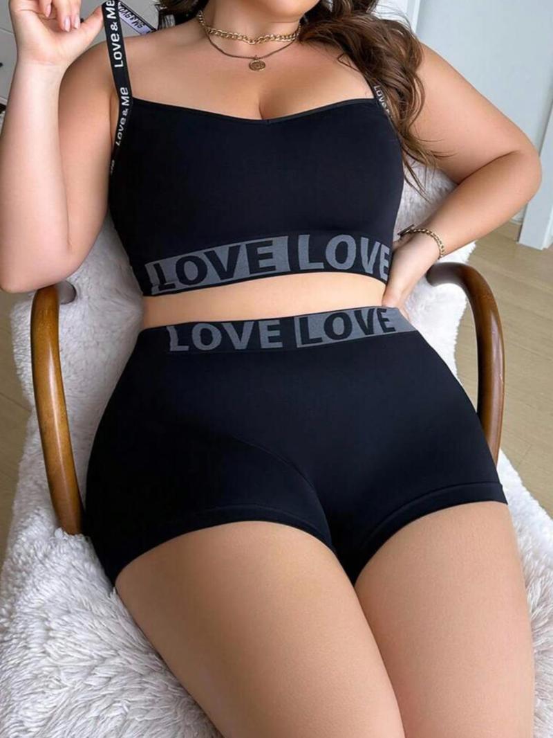 Product Introduction of 【Plus Size】 Letter Print Wireless Bra & boxer short Set, Casual Comfy Breathable Lingerie Set for Daily Wear, Women's Underwear Set for All Seasons 4