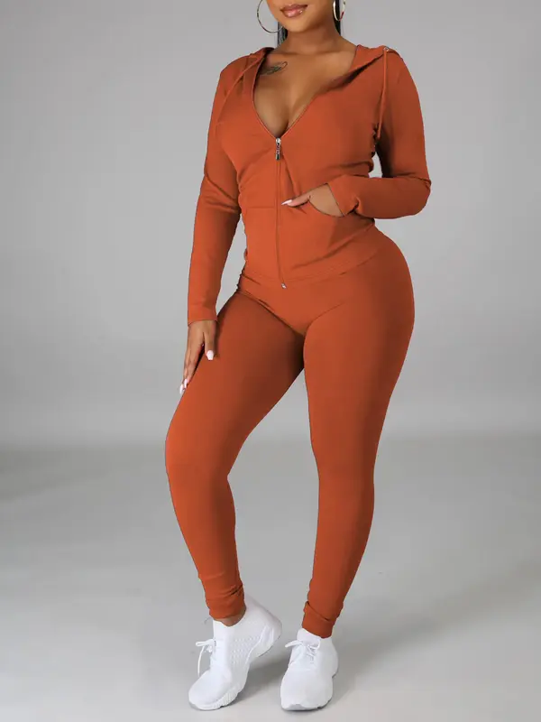 【Plus Size】 Two-Piece Set Solid Zip Up Pocket Hooded Jacket & Pants, Casual Long Sleeve Hooded Top & Trousers for Spring & Fall, Women's Clothes for Daily Wear 3