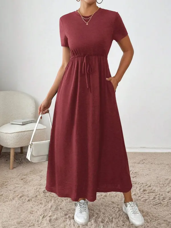 Women's Plain Pocket Dress, Elegant Fashion Casual Round Neck Short Sleeve Dress for Daily Outdoor Wear, Ladies Dress for All Seasons 3