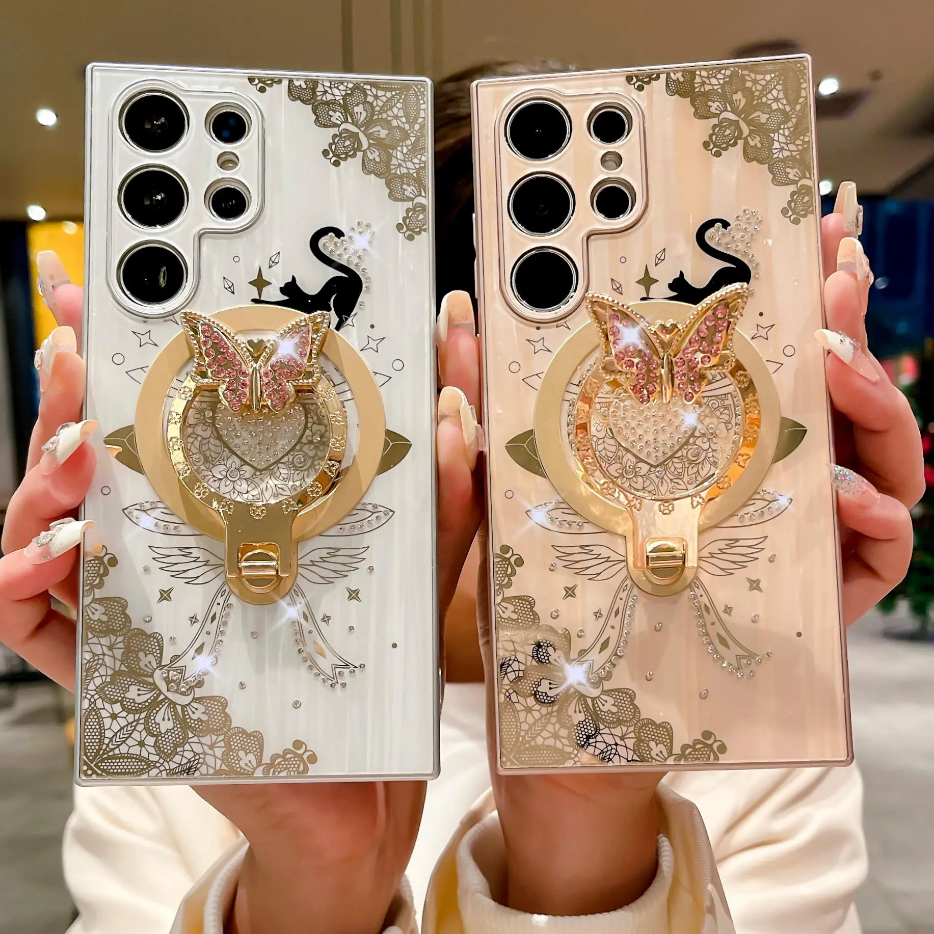 Glitter Magnetic Butterfly Stand Phone Case, Anti-drop Phone Protective Cover, Phone Accessories Compatible with Samsung Galaxy S24 S23 S22 Series