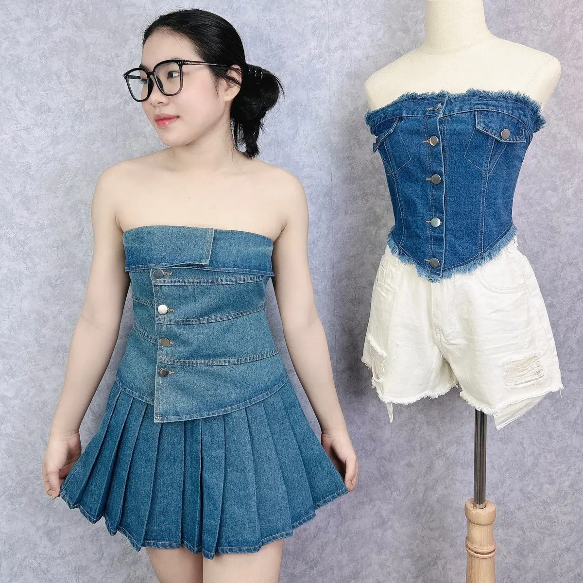 SET JEAN ÁO CÚP NGỰC KÈM CHÂN VÁY XẾP LY