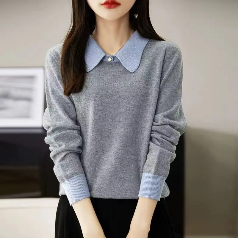Áo Len Dệt Kim, Giả Hai Lớp, Cổ Polo, Áo Áo Chui Đầu, Thanh Lịch Và Mỏng, Áo Dài Tay, Dành Cho Nữ, Màu Tương Phản Chắp Vá, Phong Cách Cao Cấp, Giá Cả Phải Chăng, 2024