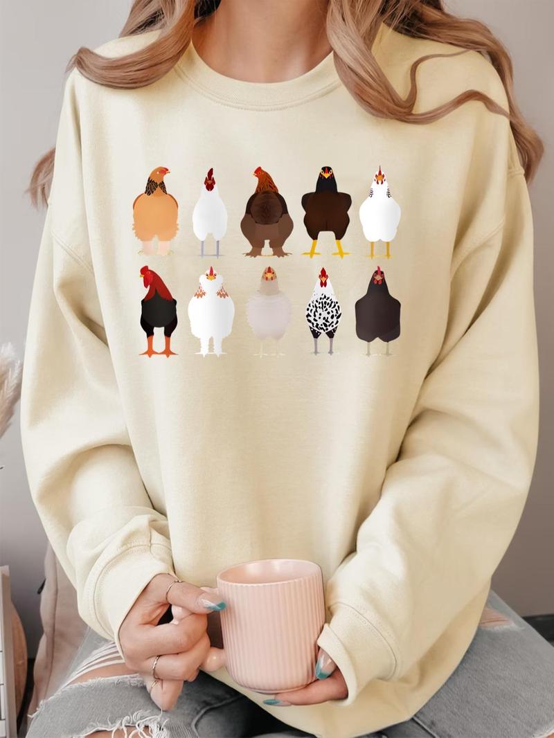 Product Introduction of Women's Chicken Print Crew Neck Sweatshirt, Casual Long Sleeve Pullover for Fall & Winter, Women's Clothes for Daily Wear 5