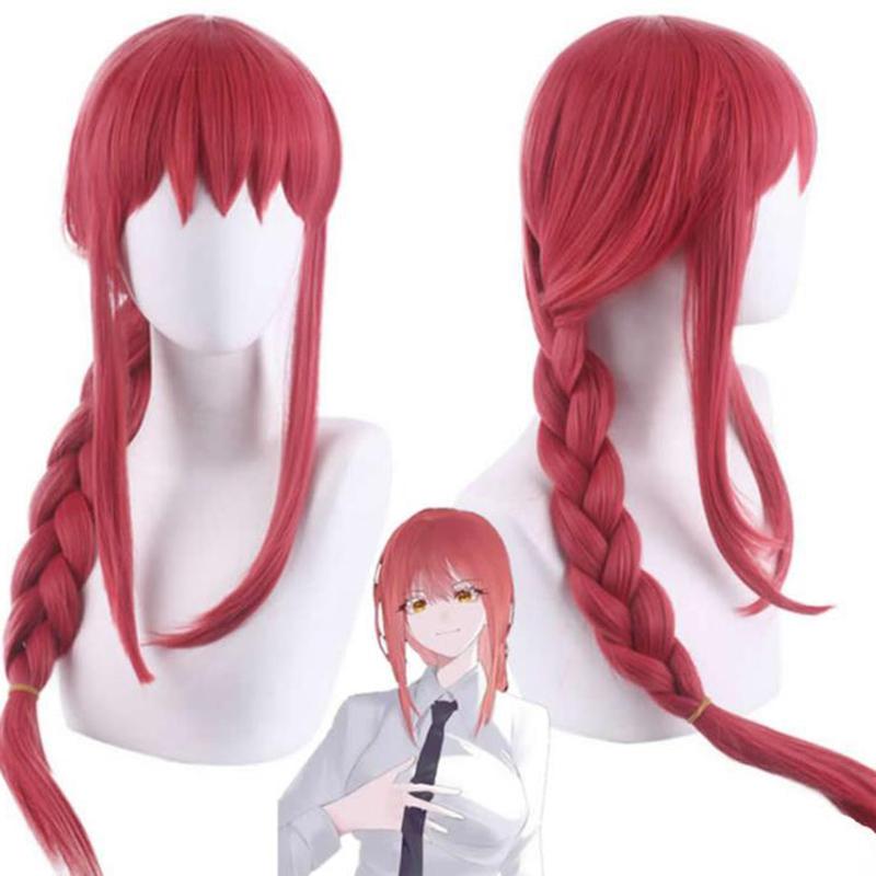 Phụ Kiện Tóc Giả Hóa Trang Anime Makima, Dành Cho Nữ, Cosplay Người Máy Cưa Xích, Tóc Tổng Hợp Bện Thẳng Dài, Thích Hợp Cho Halloween, Tóc Giả Dự Tiệc Nhập Vai Màu Đỏ 6