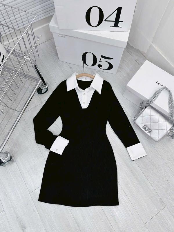 Váy body, Váy body len phối cổ sơ mi hack dáng hàng Quảng châu DEN FASHION S-05-2 2