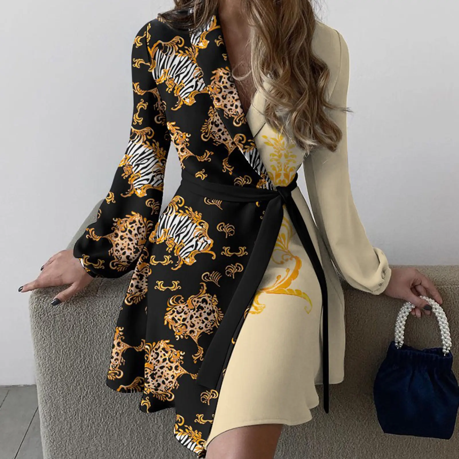 navy blue dress for baby girl DHFJKG Dresses For Women Winter Turtleneck Long Sleeve Patchwork Mini Dress  Teacher Casual Office Versatile Dresses main image 0