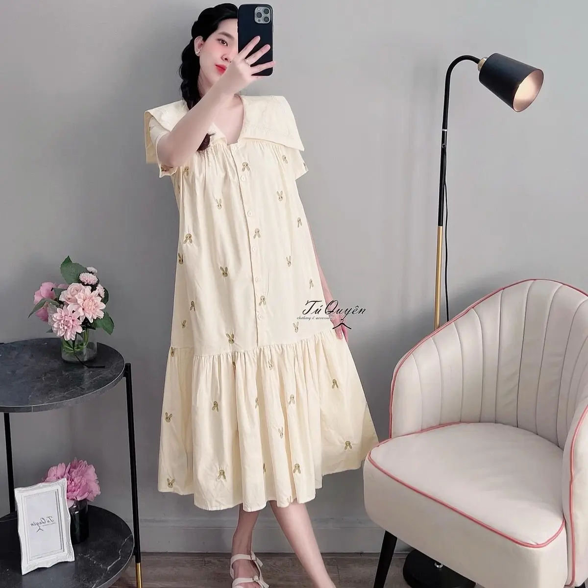 Váy xuông thô thêu - THÊU THỎ Dài 112cm