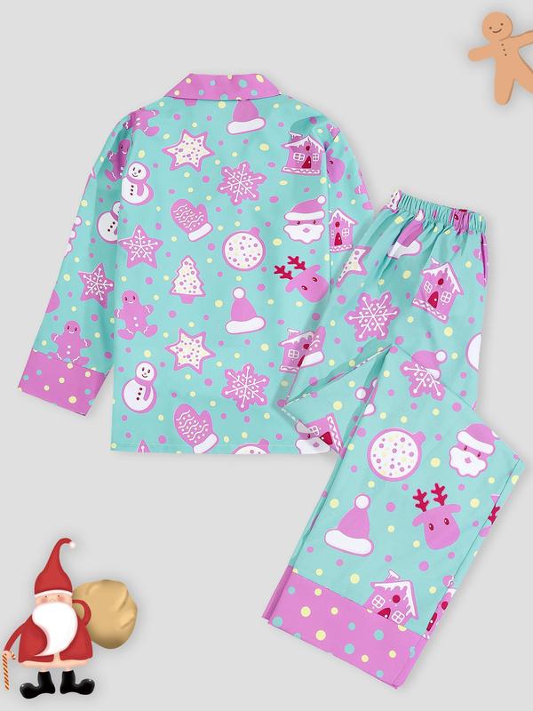 Women's All Over Cartoon Print Loungewear Set, Fashion Lapel Collar Button Front Blouse & Elastic Waist PJ Pants, Women's Sleepwear for Fall, Valentine's Day Gift for Girl 5
