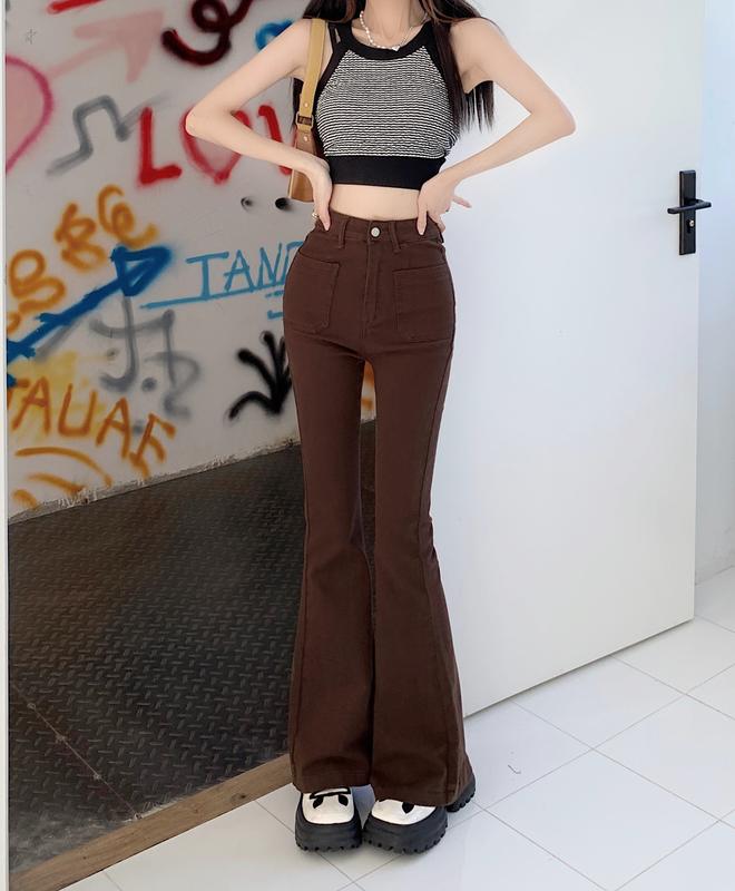 Quần Jeans ống loe cạp cao tôn dáng màu nâu đậm cực xinh chuẩn form Trung (co giãn tốt) 7